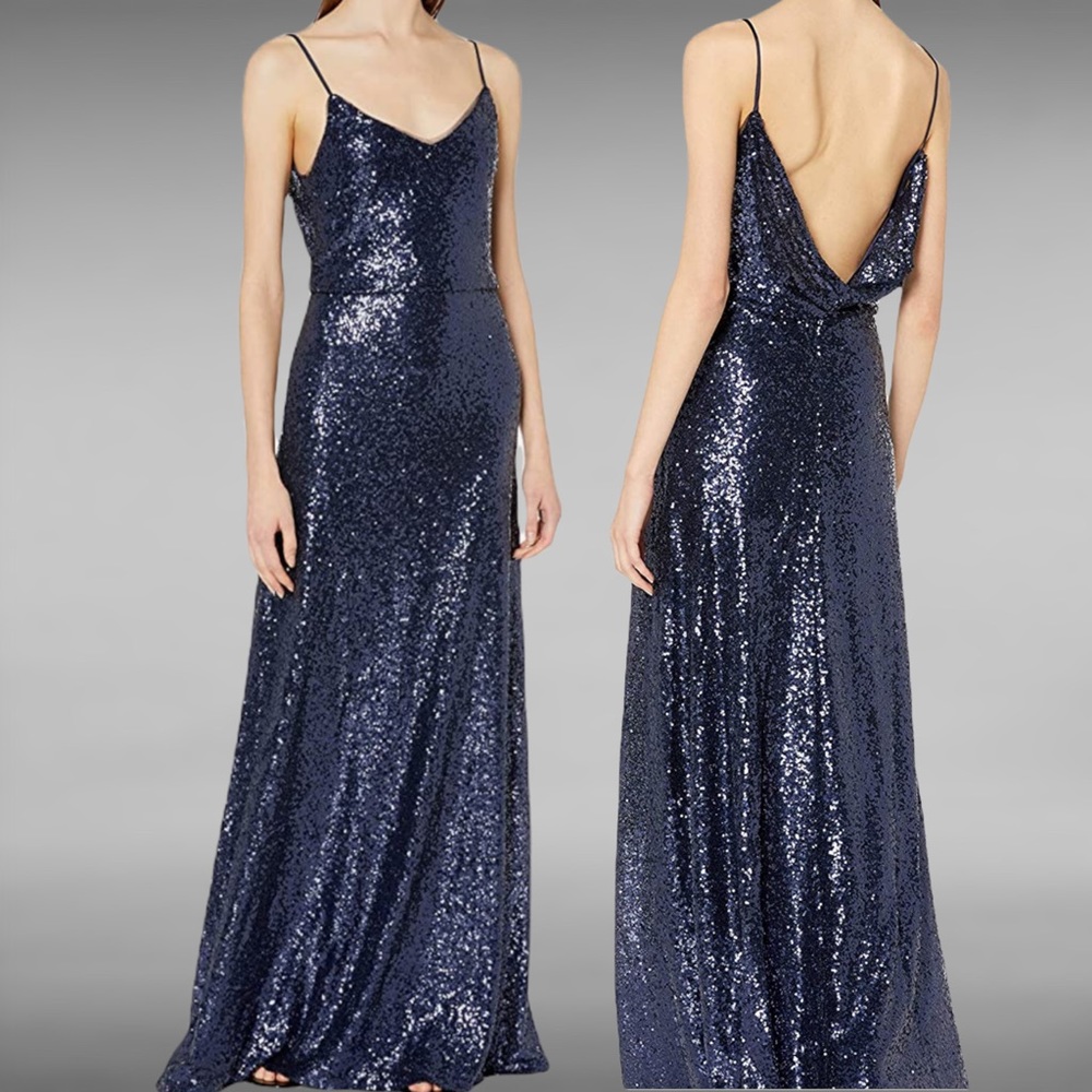 Jenny Yoo Collection Sequin Gown with removable drape back Navy Blue Size 6